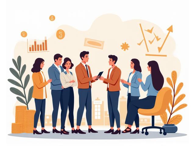 Ilustración de equipo de asesoría financiera, personas conversando en una oficina moderna y profesional, símbolos de finanzas y crecimiento.