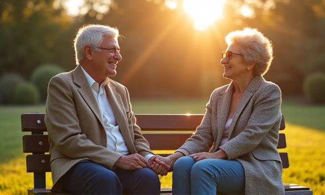 Pareja mayor sonriendo, en paz, sentada en un banco en un parque.