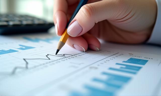 Persona sosteniendo lapiz con calculadora y papeles con numeros.