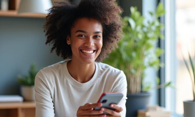 Persona joven sonriendo mientras mira su smartphone y toma un café en una oficina moderna.