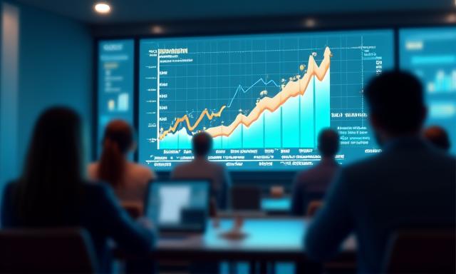 Gráfico financiero con alza y personas en un taller.